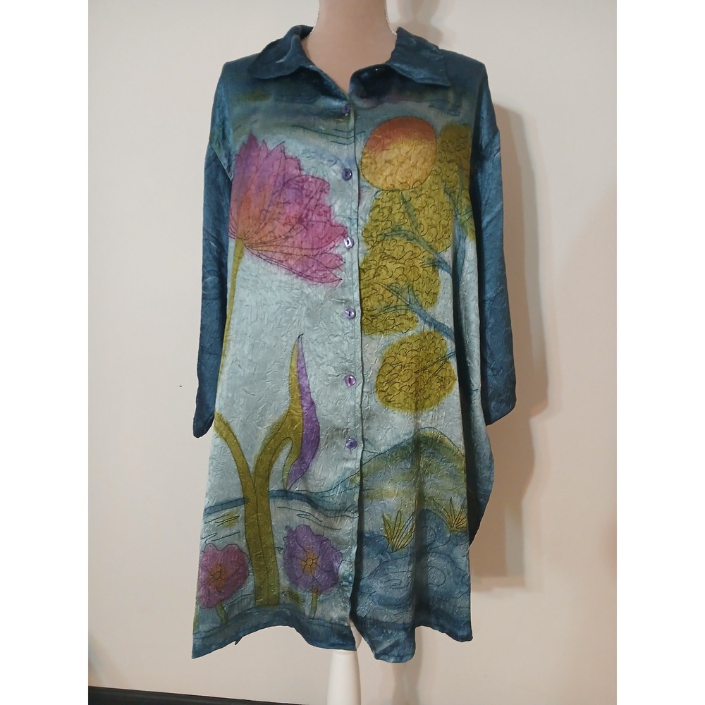 Dalin Plus Womens 2X Teal Floral Texture Button Down Tunic Shirt Satin Read